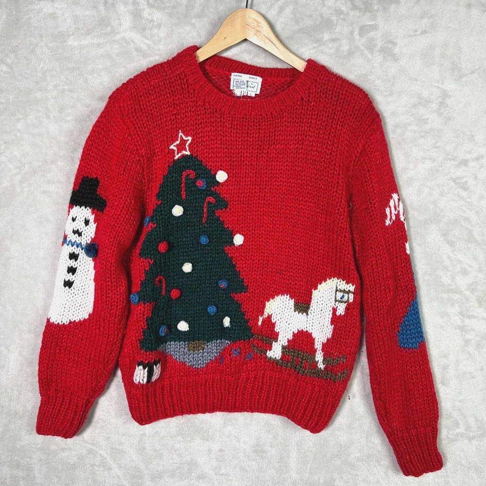 Vintage Windcrest Sweater L Hand Knit Christmas Tree Snowman